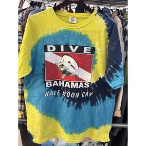 Bahamas T-Shirt L Men's Tie Dye Diving. Half Moon Cay. Yellow & Blue Conch Shell